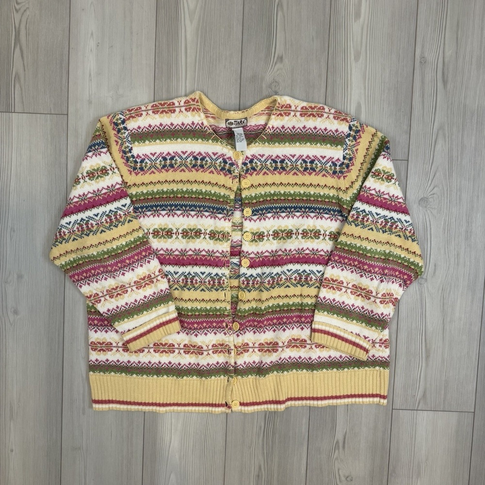 Tiara Cardigan Button Knit Sweater Women's 26/28‎ Fair Isle Colorful Stripe
